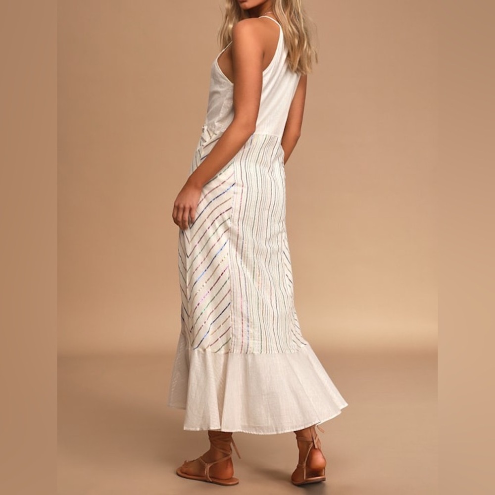 [S]Lulus Girl Power Cream Metallic Multi Striped Ruffled Maxi Dress - Picture 2 of 10